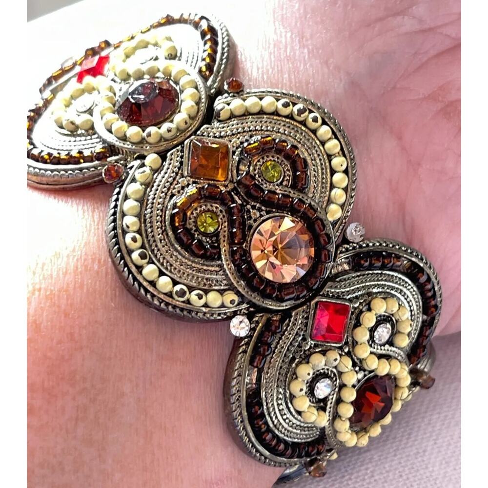 Ornate Jewel Tones Boho Wide Stretch Bracelet-‎ Colorful- Red Purple Green gb-1